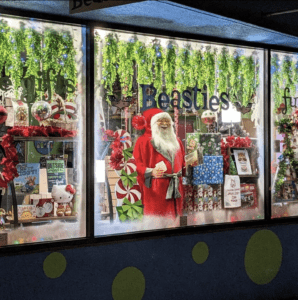 Beasties store window decorated for the holidays.